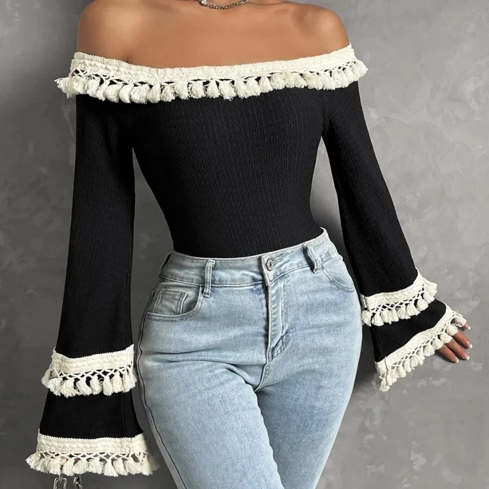 Boho Off Shoulder Tassel Detail Cropped Top - Picture 8 of 11